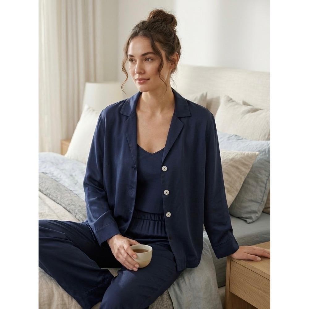 Lunya Washable Silk Button Down Pajama Top Navy Blue Small Pajamas Sleepwear